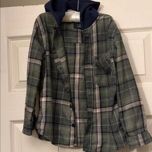 Boys Plaid Button-Up Shirt with Hood